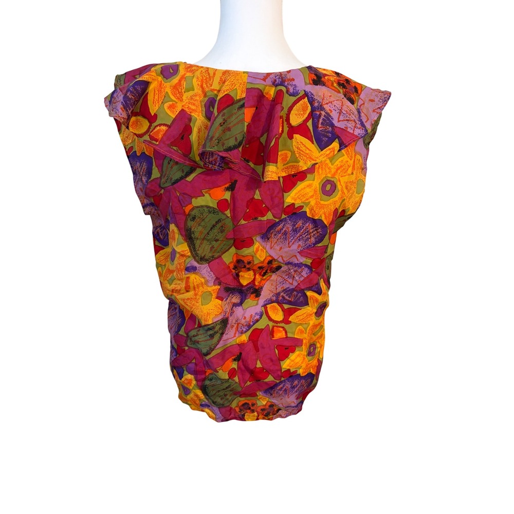 Sopite Collection 100% Silk Floral Ruffle V-Neck Button Front Blouse Womens M - Picture 2 of 6